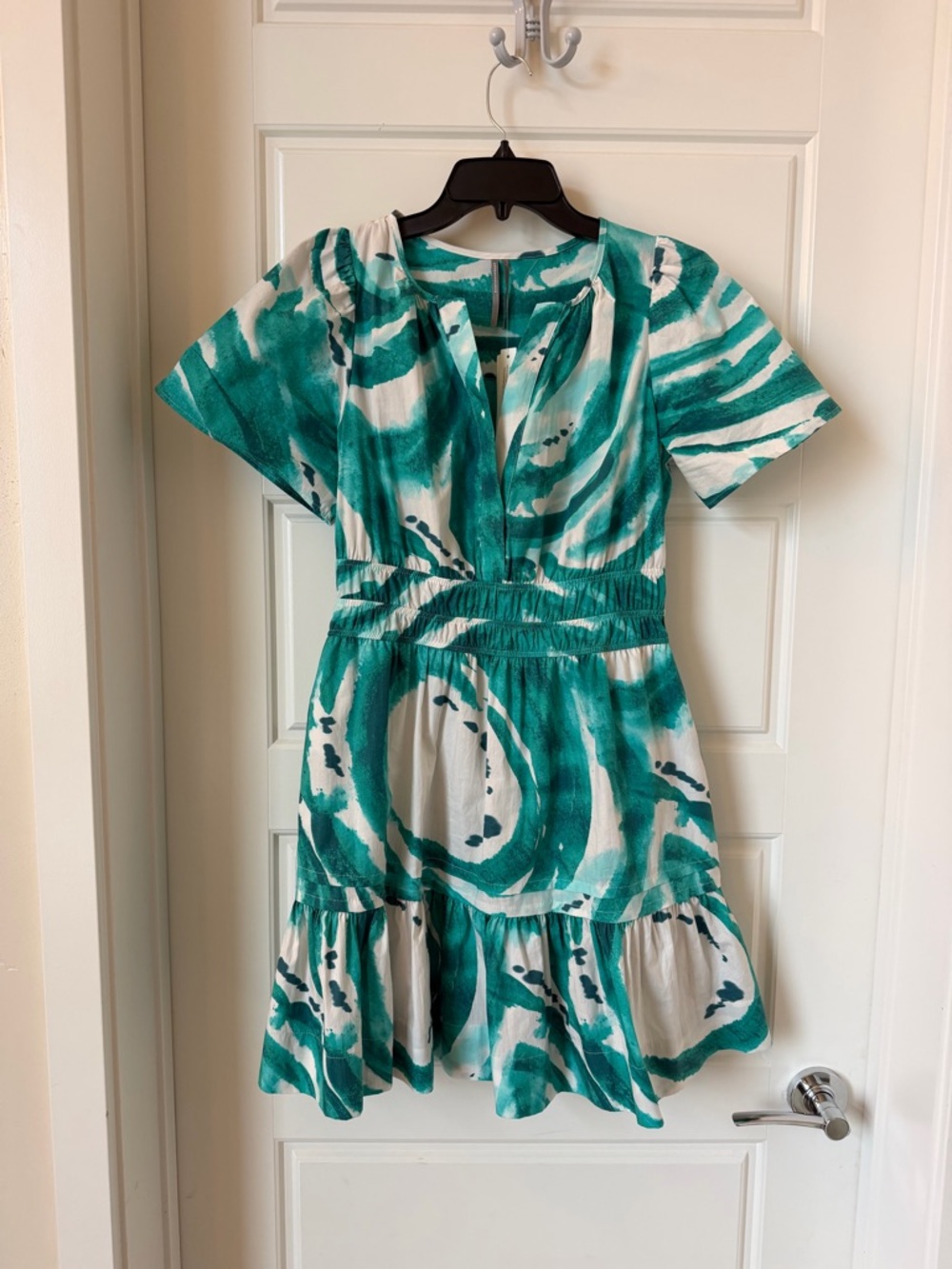 Anthropologie Teal & White Abstract Watercolor mini Dress